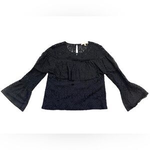 7 For All Mankind Black Sheer Lace Ruffled Blouse with Bell Sleeves